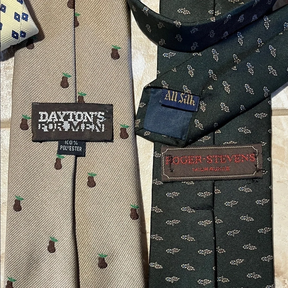 Earth Tones Vintage Men's Tie Bundle- Butter Yellow Pear Print & Charcoal Black